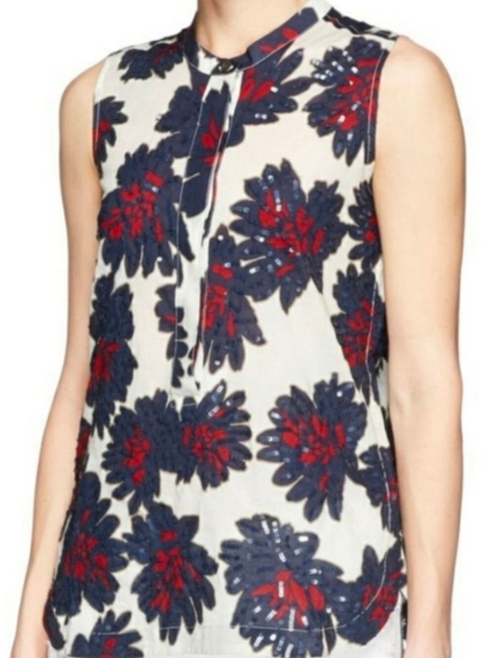 J. Crew Blouse Cream Red Blue Floral Firework Sequined Henley Tank Top Sz 10 *EC